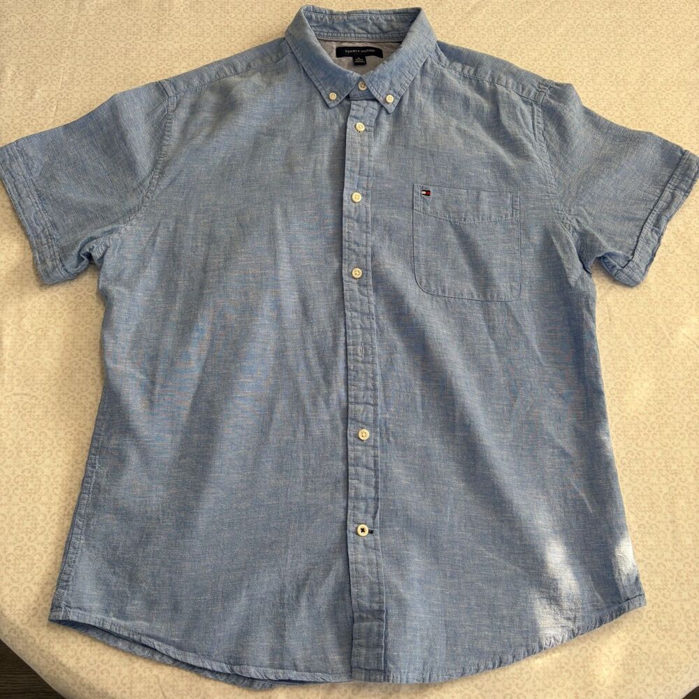 Tommy Hilfiger Shirt Mens XL Blue Stretch Short Sleeve Classic Fit Button Down